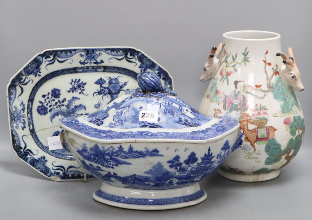 A Chinese vase with deer handles, height 29cm, a Chinese export blue and white plate and a tureen